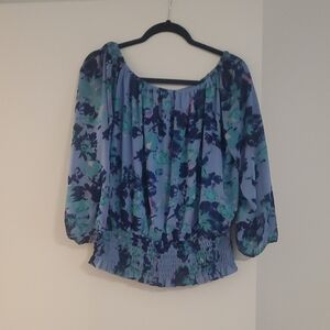Blue and Green Smocked Ruffled Blouse